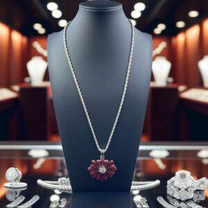 Vintage RMN Red Flower Pendant Necklace Coquette Cottagecore Fairycore 24"